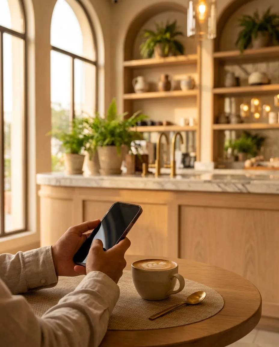 A guest enjoying coffee at a warm, modern UAE café