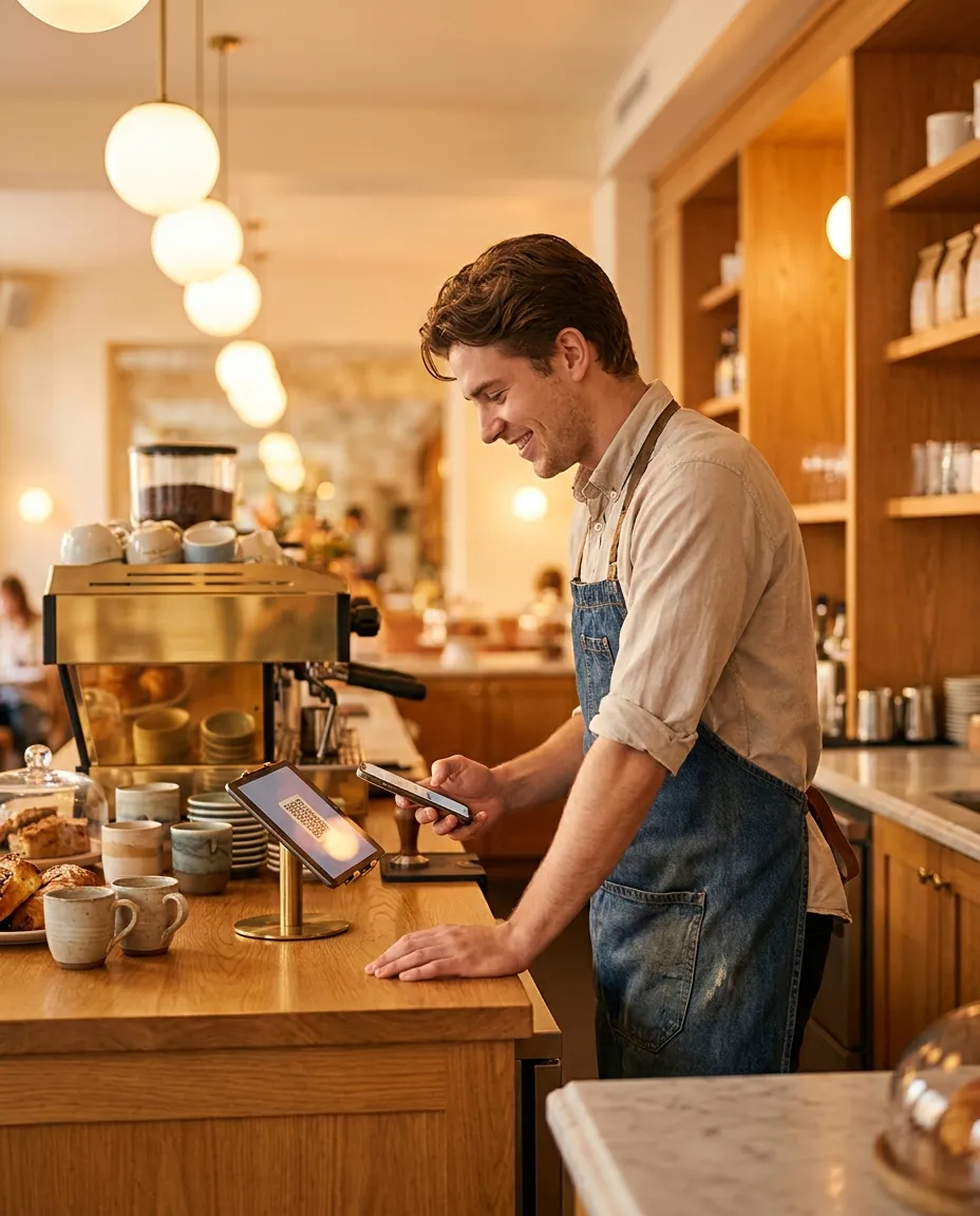 A café staff member clocking in at the counter at the start of a shift